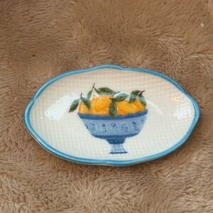NWT 2”Lx3” Stoneware dish trinket tray with lemons in a blue bowl design